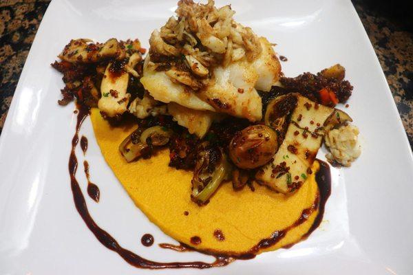 Asian Inspired Miso Glazed Chilean Sea Bass & Crab 
 Roasted Root Vegetables & Mushroom Quinoa Pilaf
  Coconut Curry-Apple Carrot Puree