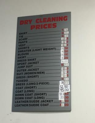 Dry cleaning prices