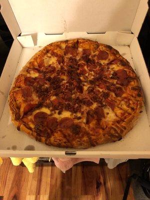 My favorite topping combination loaded; Pepperoni, Ham, & Bacon