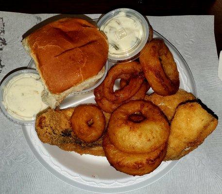 Fried walleye with onion rings.