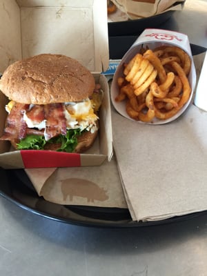 Roasted Turkey, bacon, cheddar, with mayo on wheat bread and Curly fries.