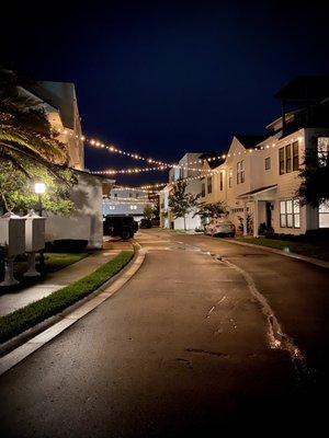 The drive way on the property with string lights.