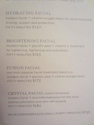 skincare treatments and pricing