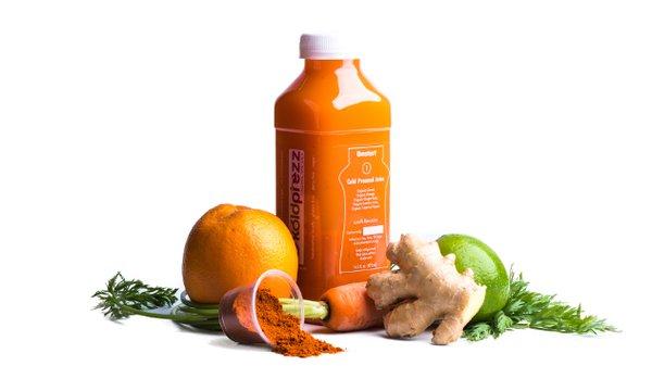 OmStart - Organic Cold pressed Juices. Organic Carrot, Organic Orange, Organic Ginger Root, Organic Lemon, Organic Cayenne Pepper