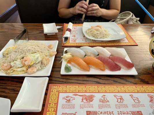 Shrimp rice noodle, squid nigiri, albacore tuna nigiri, salmon nigiri, tuna nigiri