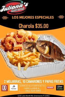 Incluye 2 mojarras 10 camarones papás $35.00