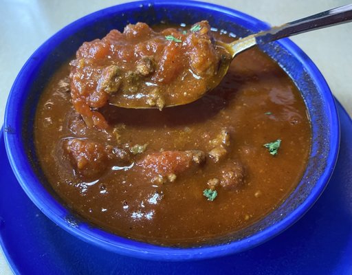 Chili with meat and beans. Nice and hot. A bit spicy. $5.00