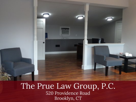 The waiting area of The Prue Law Group, P.C.'s branch office located at 520 Providence Road, Brooklyn, CT.