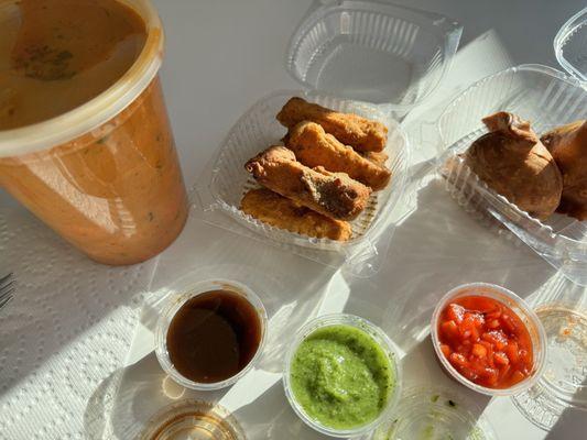 Appetizers with sauces. Veggie samosas are great esp with the tomato sauce.  Not a fan of the cheese pakoras.