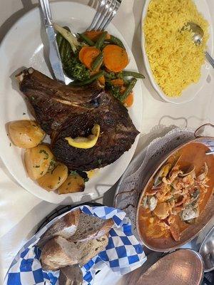 Ribeye steak platter, seafood cataplana