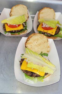 Black Angus steak cheeseburgers all around