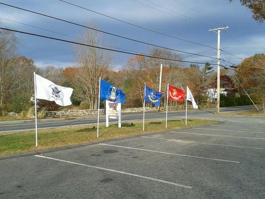 Military Flags Honoring those who have served.