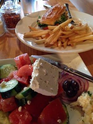 Lamb burger and island Greek Salad