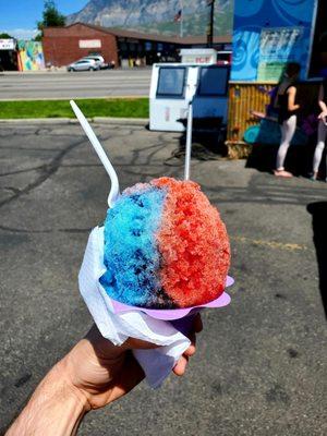 Blue raspberry, tiger blood, and black cherry with coconut ice cream inside!