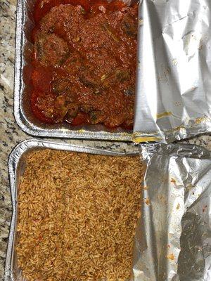 Goat meat stew and Jollof rice