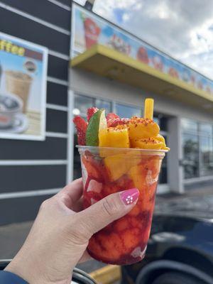 Mangonada medium size $6 plus $1.50 extra for strawberry toppings. A tad bit pricey but still yummy!