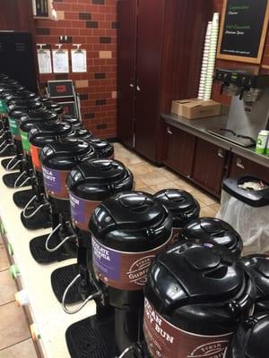 The popular coffees each have a reload bucket. They are well prepared for the morning rush.