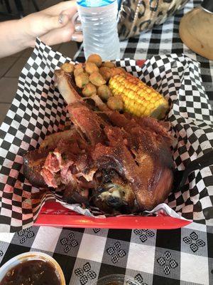 Turkey leg, fried okra and corn