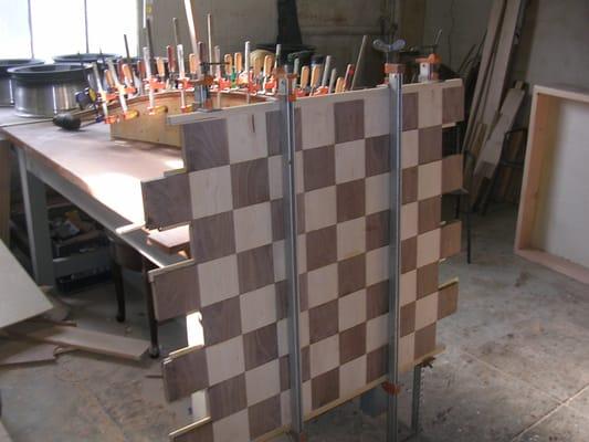 Custom chessboard coffee table from salvaged Black Walnut and Eastern Hard Maple.