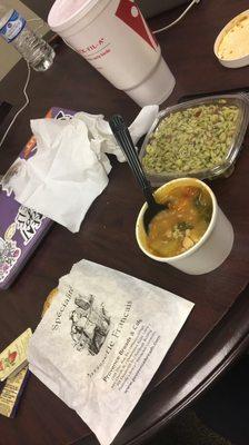 Cup of soup, side of pesto orzo, and two pieces of sourdough