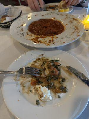 Caprese Salad with Burrata (bottom) Italian Sausage App in a delicious red sauce (top)