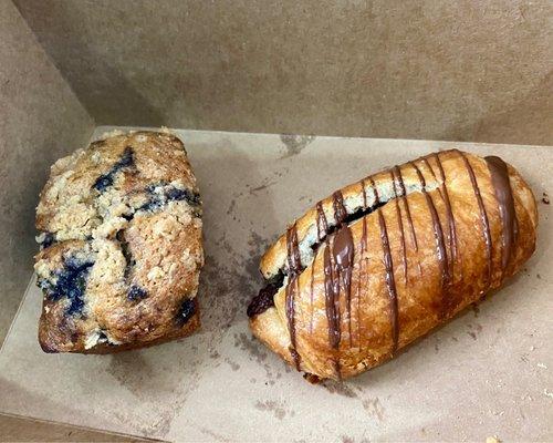 Blueberry mini loaf and chocolate croissant