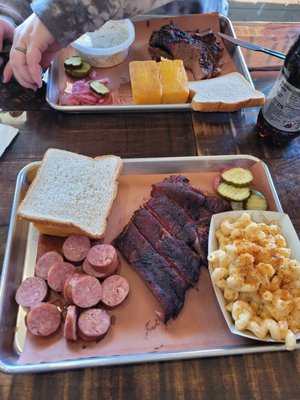 Ribs, sausage, mac & cheese, brisket, cornbread, coleslaw