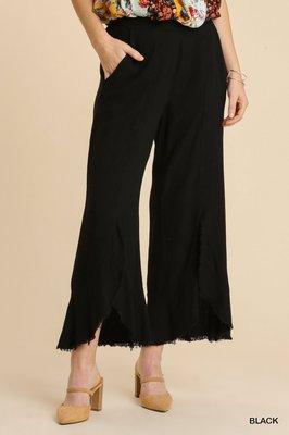 Linen Blend Wide Leg Pants w/Ruffle Hem. S,M,L. Black.