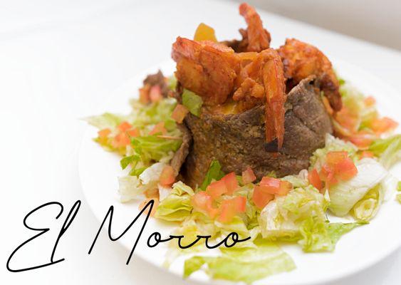 Uno de los favoritos de la casa. El Morro; mofongo (Platano Macho Majado) envuelto en churrasco con camarones en el tope en salsa criolla