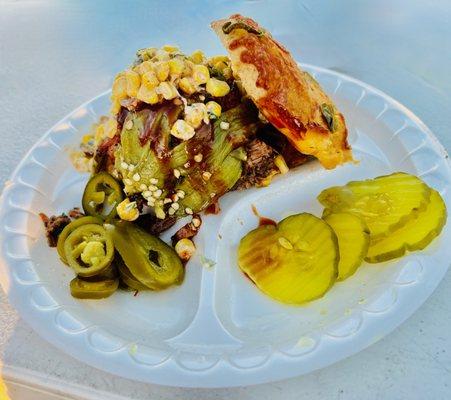 BBQ Brisket sandwich with added corn and poblano pepper