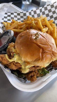 Spicy Chicken Sandwich served with chips or seasoned French fries.