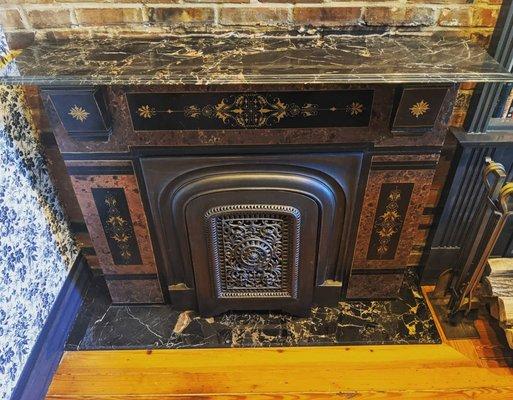 Fabricated and installed this portoro marble hearth and mantle for me