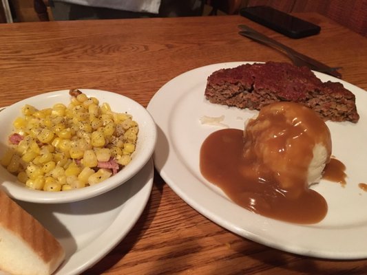 Sunday special meatloaf, mashed and corn with ham