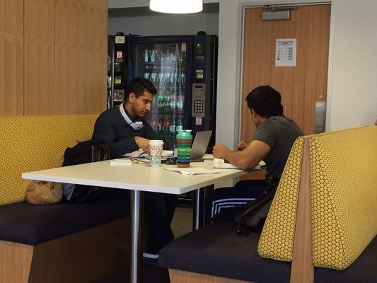 The renovated cafe includes comfortable booths with plenty of power outlets and USB access, as well as free wifi.