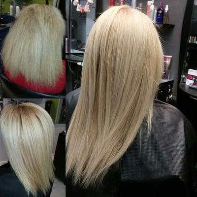 Before her first Brazilian Keratin, and after. Larger picture is one year later , after several keratin treatments.