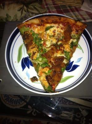 4-way veggie pizza: Eggplant, spinach, garlic, mushroom (and extra cheese).