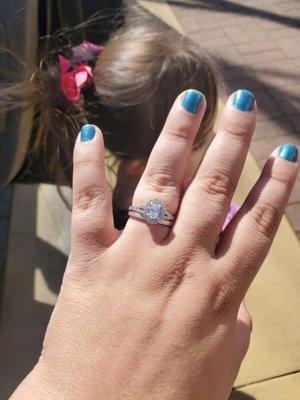 Engagement ring purchased here at Danz! This photo is right after I picked them up from being cleaned and repaired