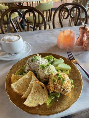 Stapler player with home made pimento cheese, egg salad and Chicken salad. Yum