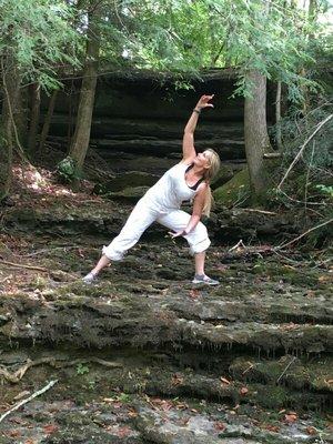 Vinyasa yoga in the woods, on a short retreat.