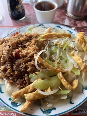 Chicken chow Mein with pork fried rice