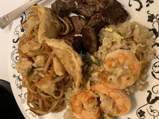 Chicken Yakisoba, Shrimp Fried Rice, Ichiban Steak and Steak Hibachi Combo, and chicken Gyoza Chicken Dumplings