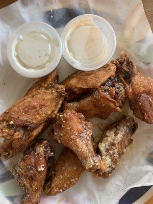 Parmesan garlic wings and lemon pepper wings.