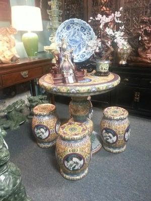 Cloisonné table and stools