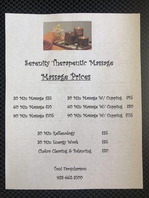 Massage prices