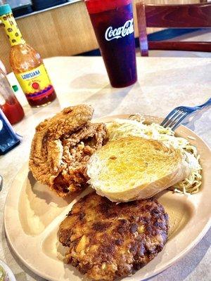 Fried chicken & a fish/crab cake with angel hair pasta - simply amazing