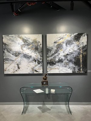 48x48 diptych & Seated Man sculpture