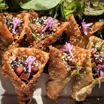 Ahi poke cones - hand rolled, wakame salad & garlic flowers