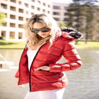 Women's Puffer Red Down Leather Jacket with Fur