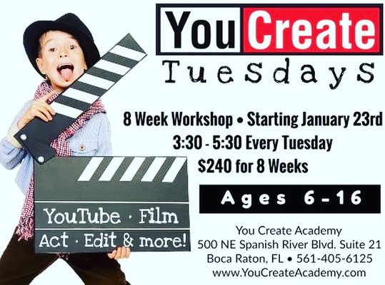 You Create Tuesday's Boca Raton's most creative after school program for kids and teens. Learn from industry professionals.