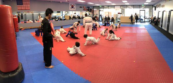 One of classes working on their side and back kicks!